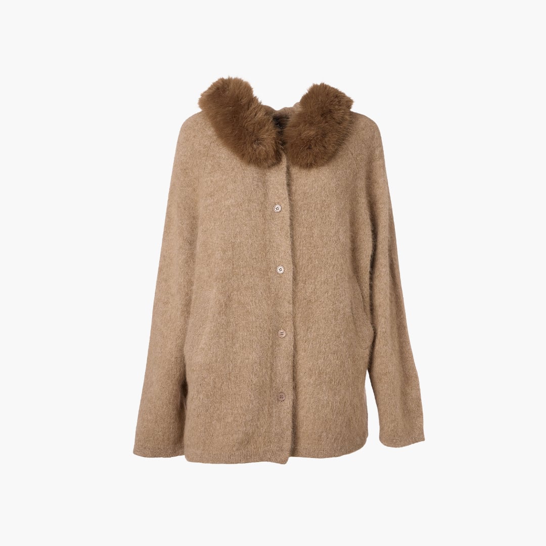 Hooded Knit Jacket with Faux Fur Collar Estheme 